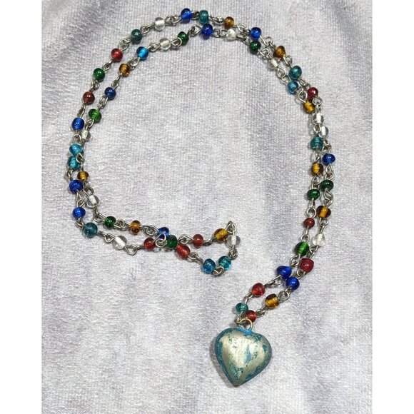 Rustic Romantic Rainbow Glass Beaded Necklace With Distressed Puffed Heart Penda - Picture 4 of 5